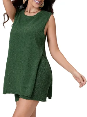 Women Summer Knitted Sweater Set 2 Piece Casual Lounge Set Sleeveless Split Tank Top Shorts Outfits Pajamas Set