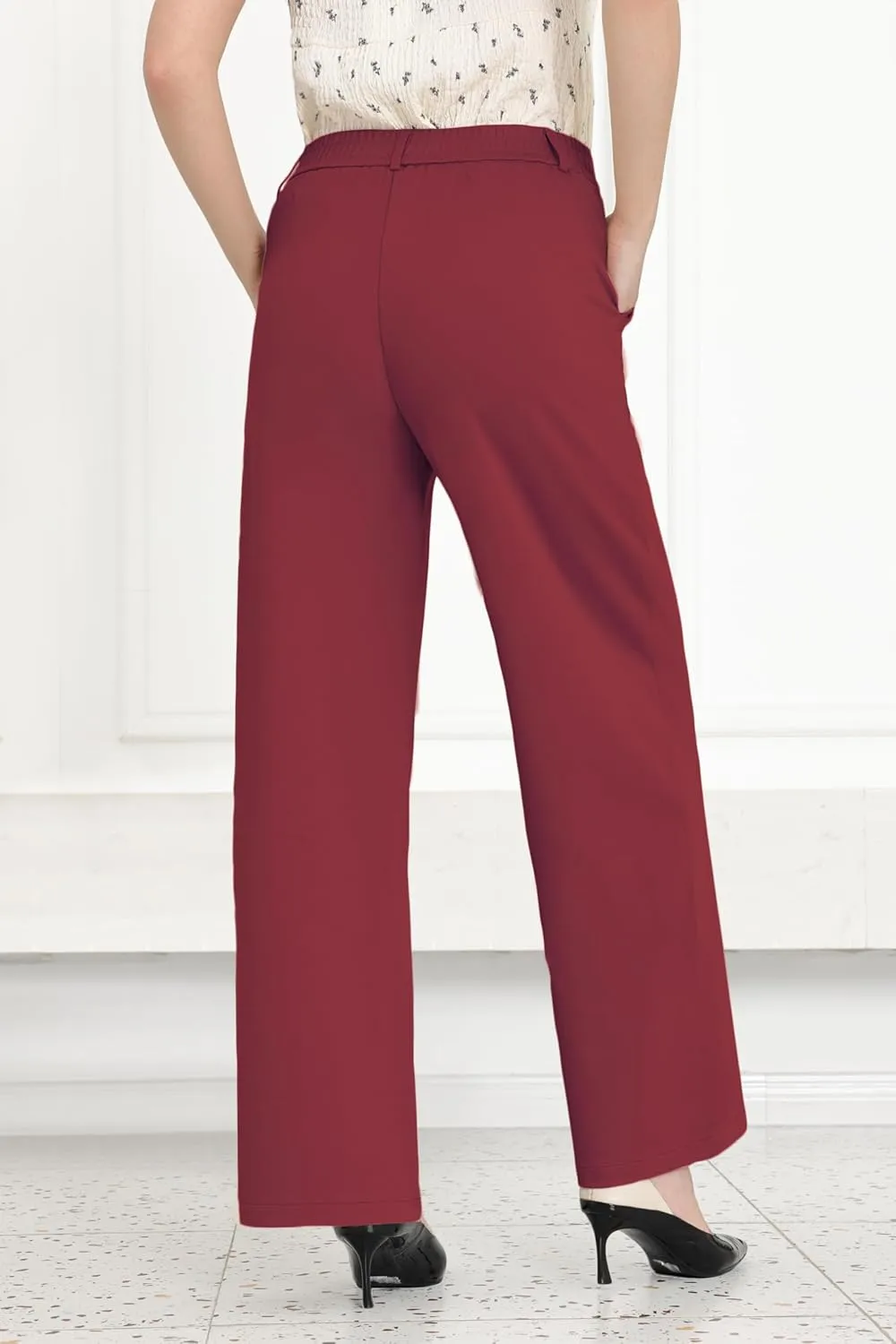 Women Wide Leg Dress Pants High Elastic Waisted Work Business Office Pants Casual Slacks Trousers with Pockets 29"