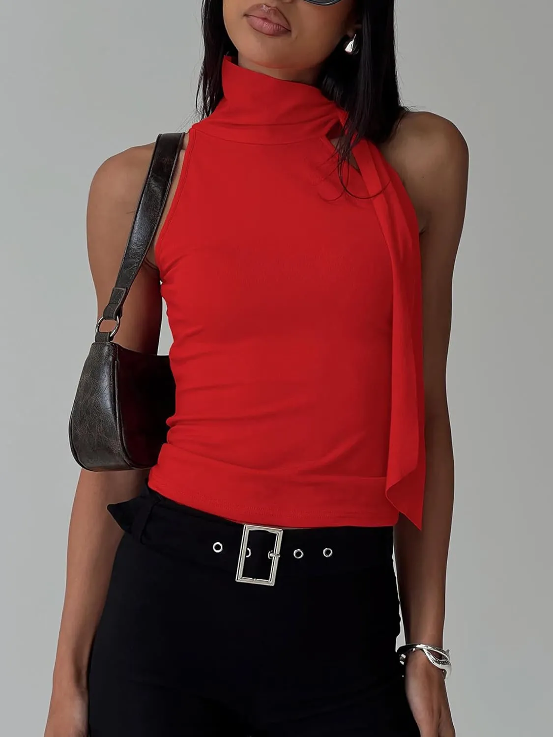 Women Y2K High Neck Tank Tops Sleeveless Slim Summer Shirts Going Out Mock Neck Bow Tie Cami Top with Scarf