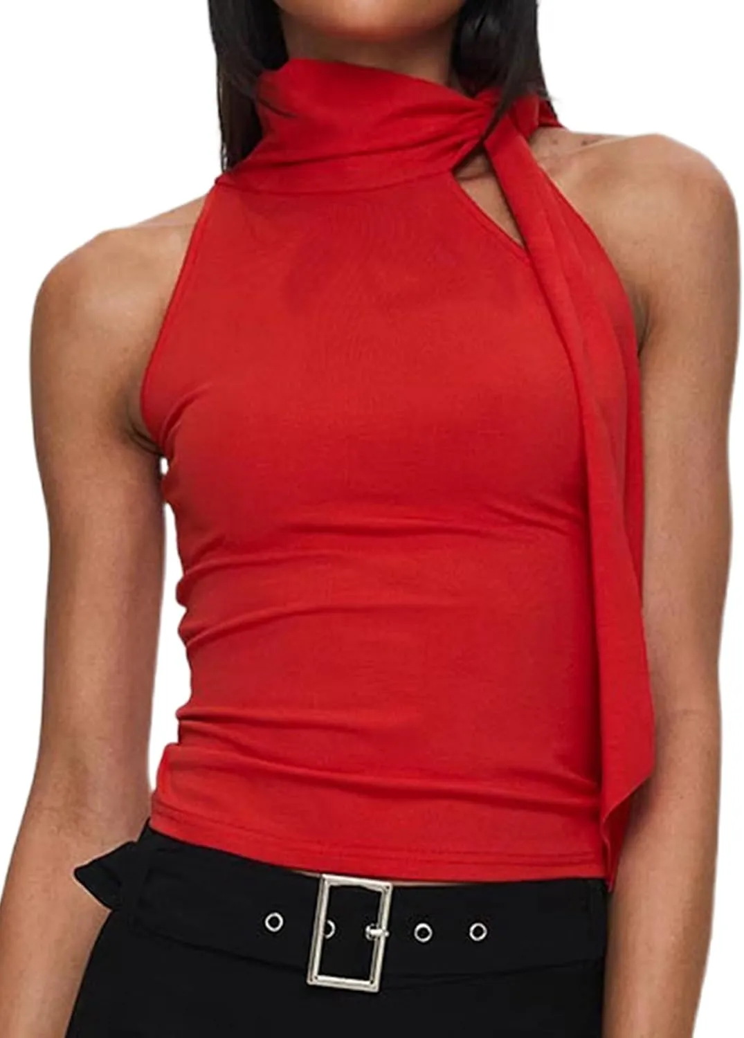 Women Y2K High Neck Tank Tops Sleeveless Slim Summer Shirts Going Out Mock Neck Bow Tie Cami Top with Scarf