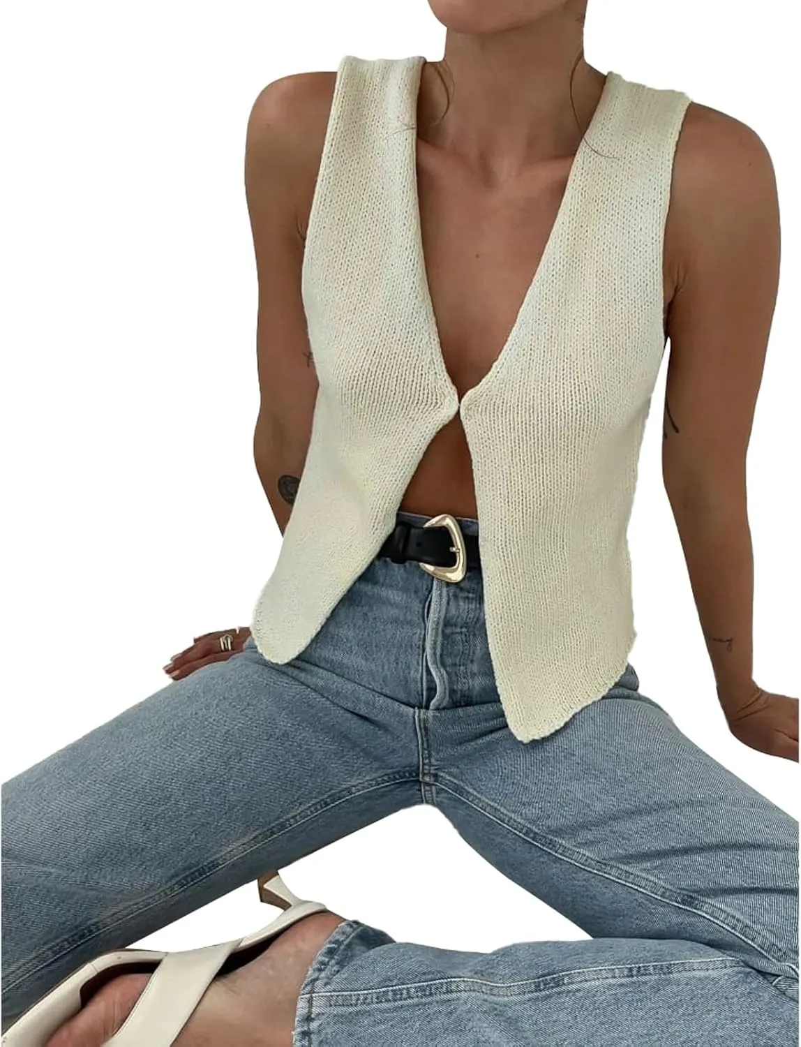 Women Y2k Knit Vest Top Crochet V Neck Sleeveless Button Down Sweater Vest Tank Tops Vintage Streetwear