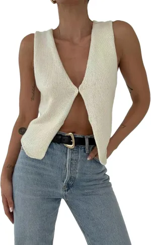 Women Y2k Knit Vest Top Crochet V Neck Sleeveless Button Down Sweater Vest Tank Tops Vintage Streetwear