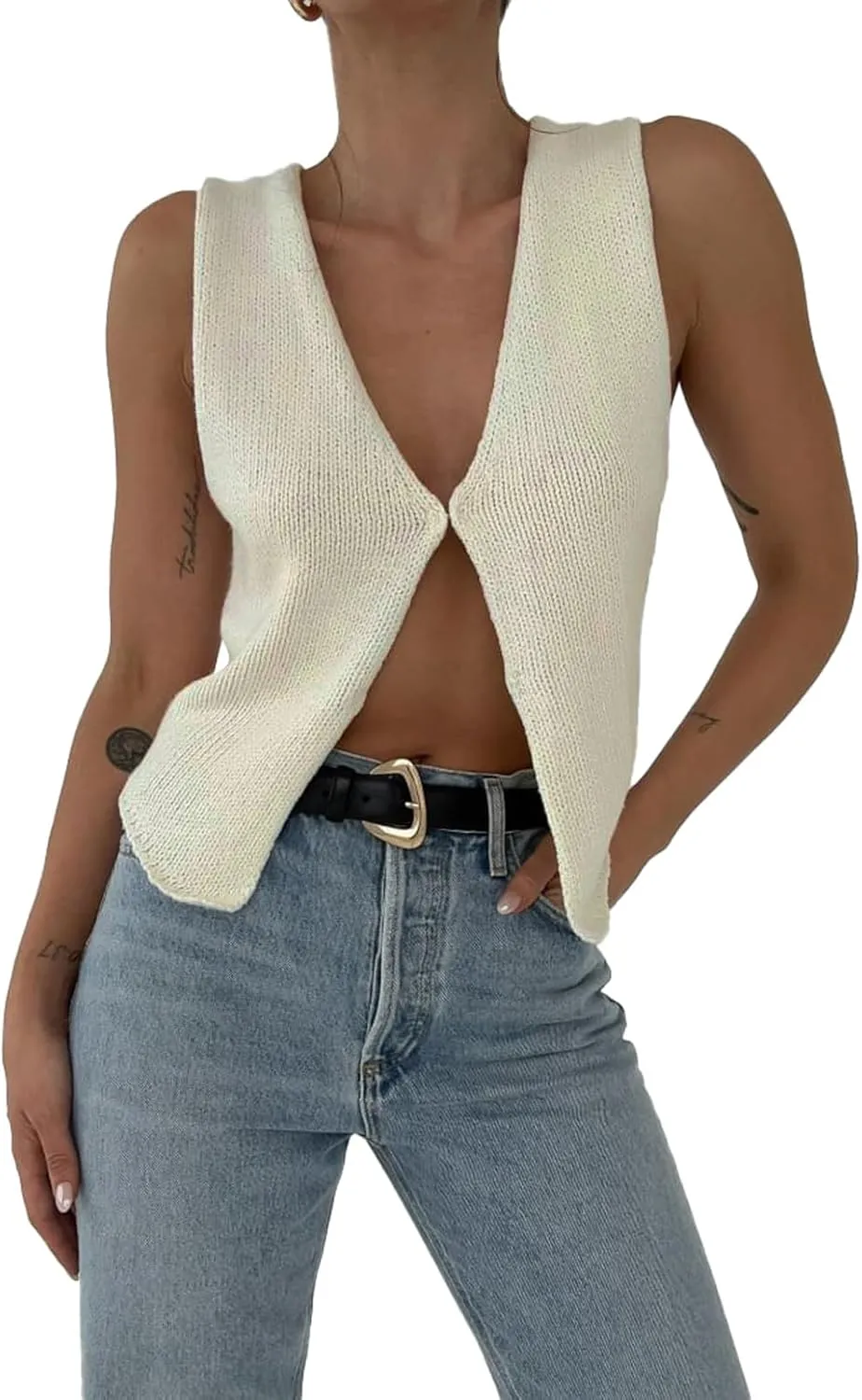Women Y2k Knit Vest Top Crochet V Neck Sleeveless Button Down Sweater Vest Tank Tops Vintage Streetwear