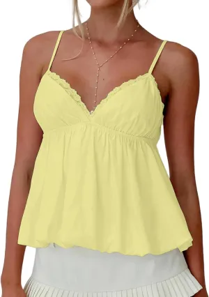 Women Y2k Lace Trim Camisole Spaghetti Strap Flowy Babydoll Tank Tops Cute Bow V Neck Ruffle Hem Peplum Camis