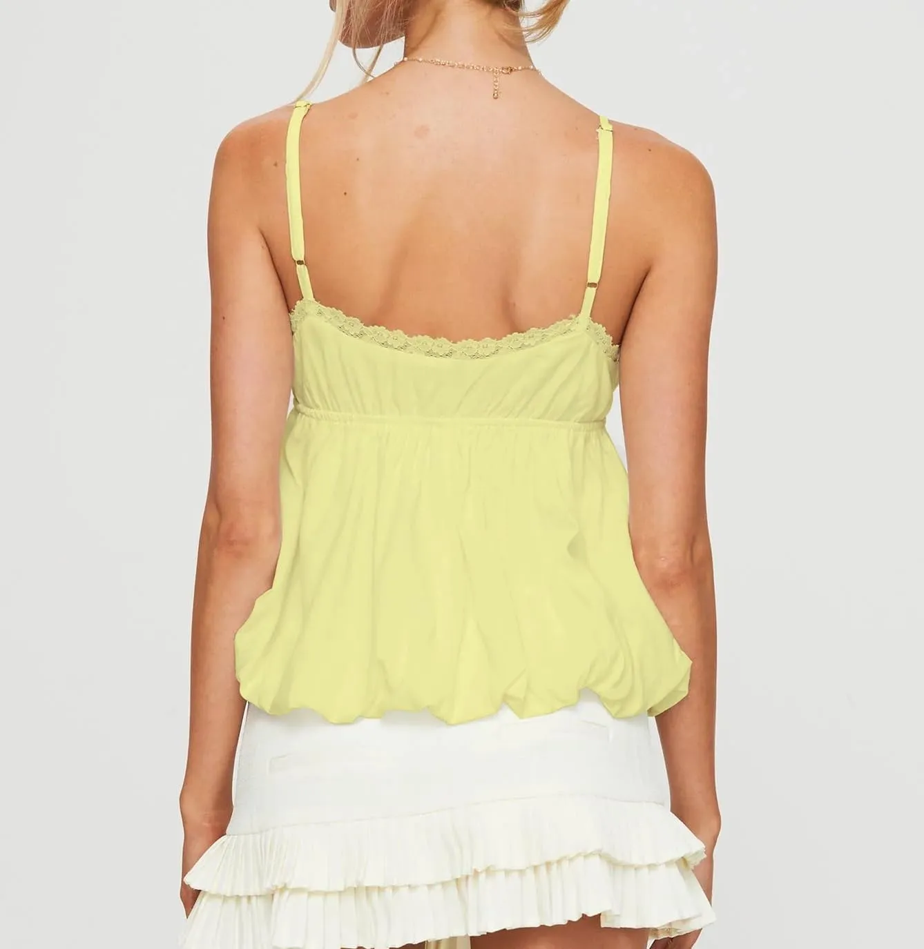 Women Y2k Lace Trim Camisole Spaghetti Strap Flowy Babydoll Tank Tops Cute Bow V Neck Ruffle Hem Peplum Camis