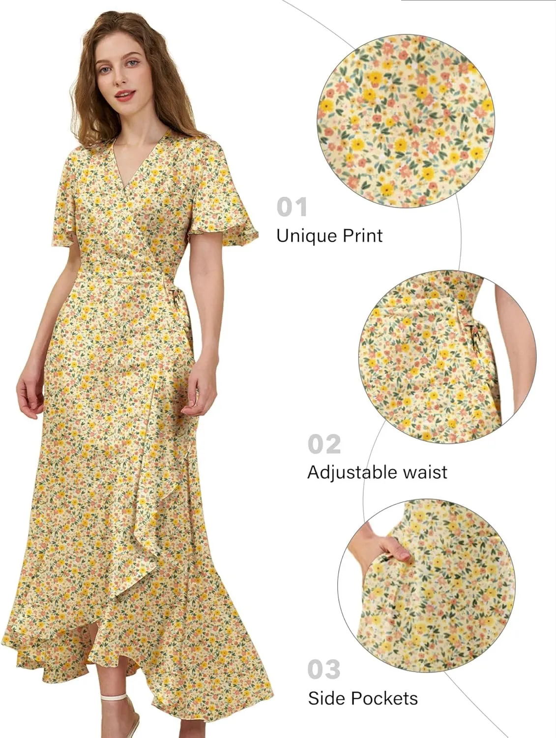 Women's Bohemian Floral Wrap Maxi Dress 2025 Summer Split Short Sleeve Boho Belted Flowy Dresses with Pockets