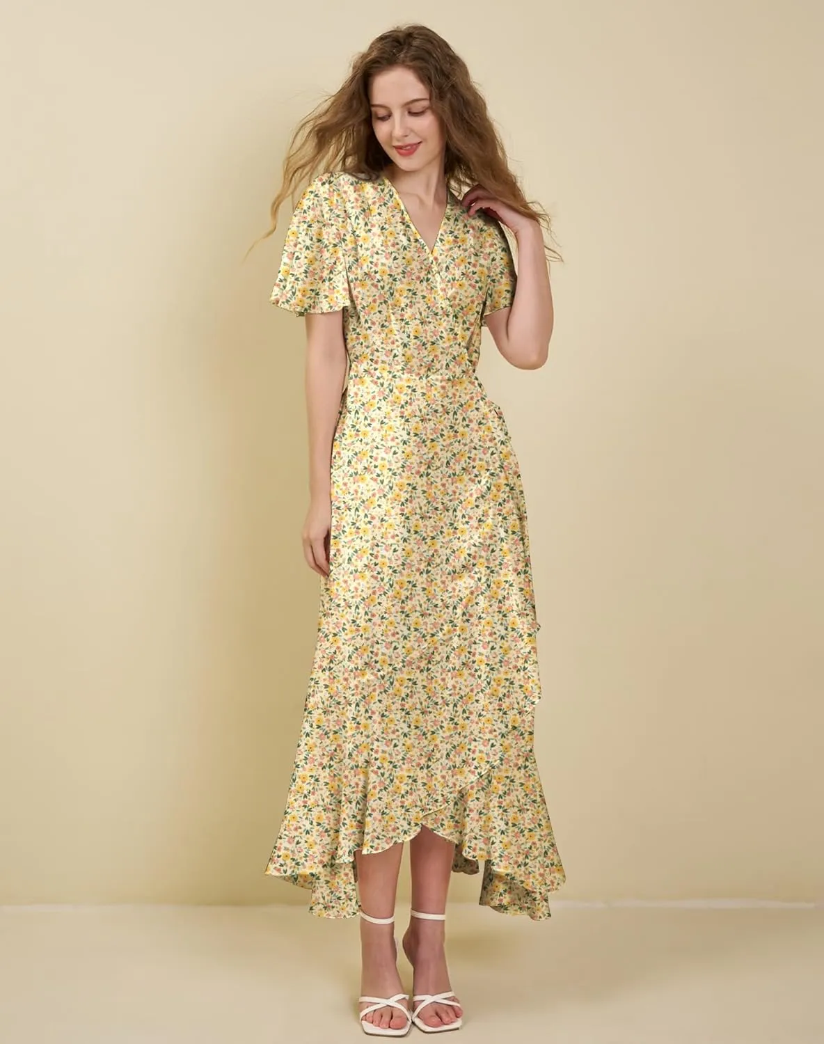 Women's Bohemian Floral Wrap Maxi Dress 2025 Summer Split Short Sleeve Boho Belted Flowy Dresses with Pockets