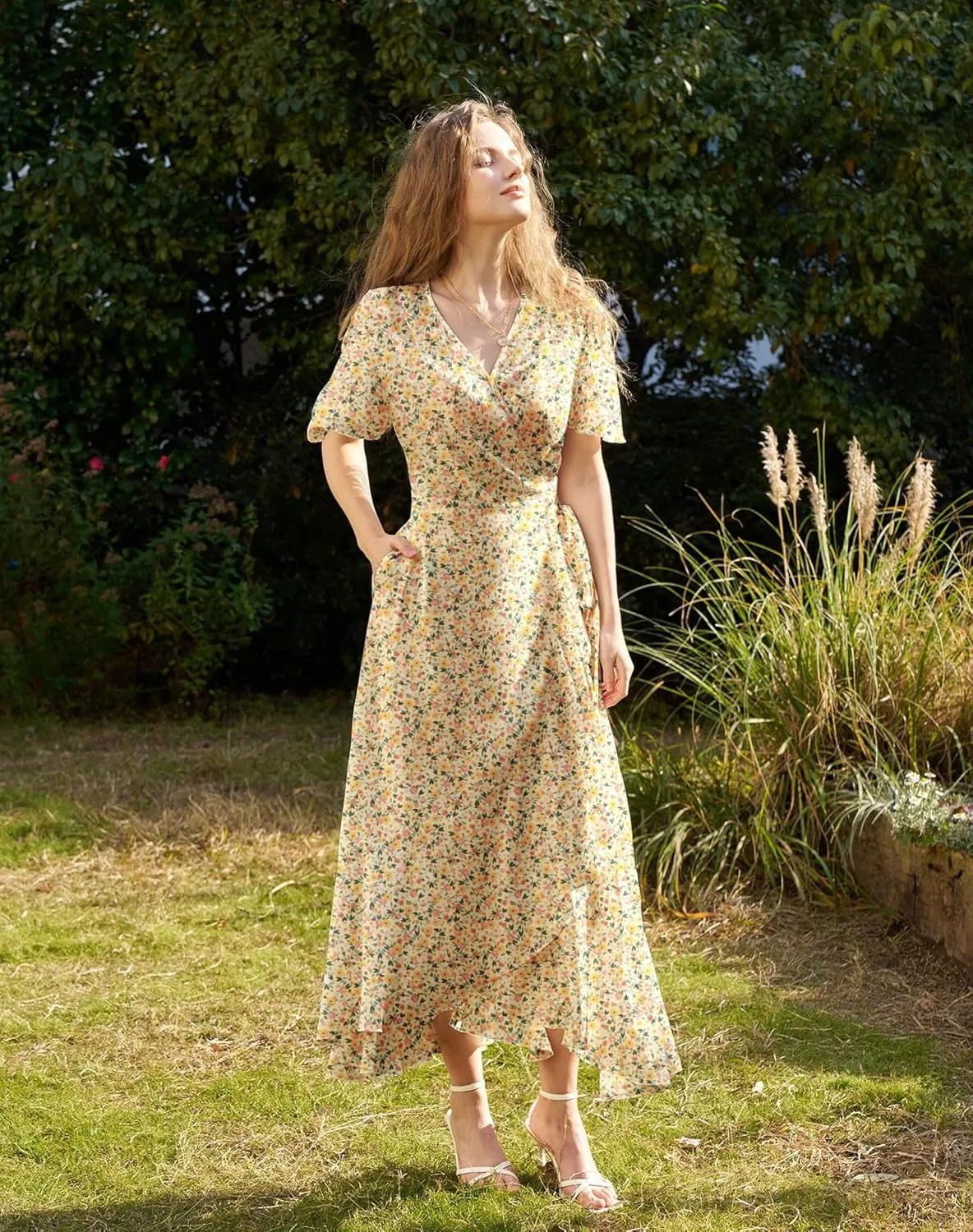 Women's Bohemian Floral Wrap Maxi Dress 2025 Summer Split Short Sleeve Boho Belted Flowy Dresses with Pockets
