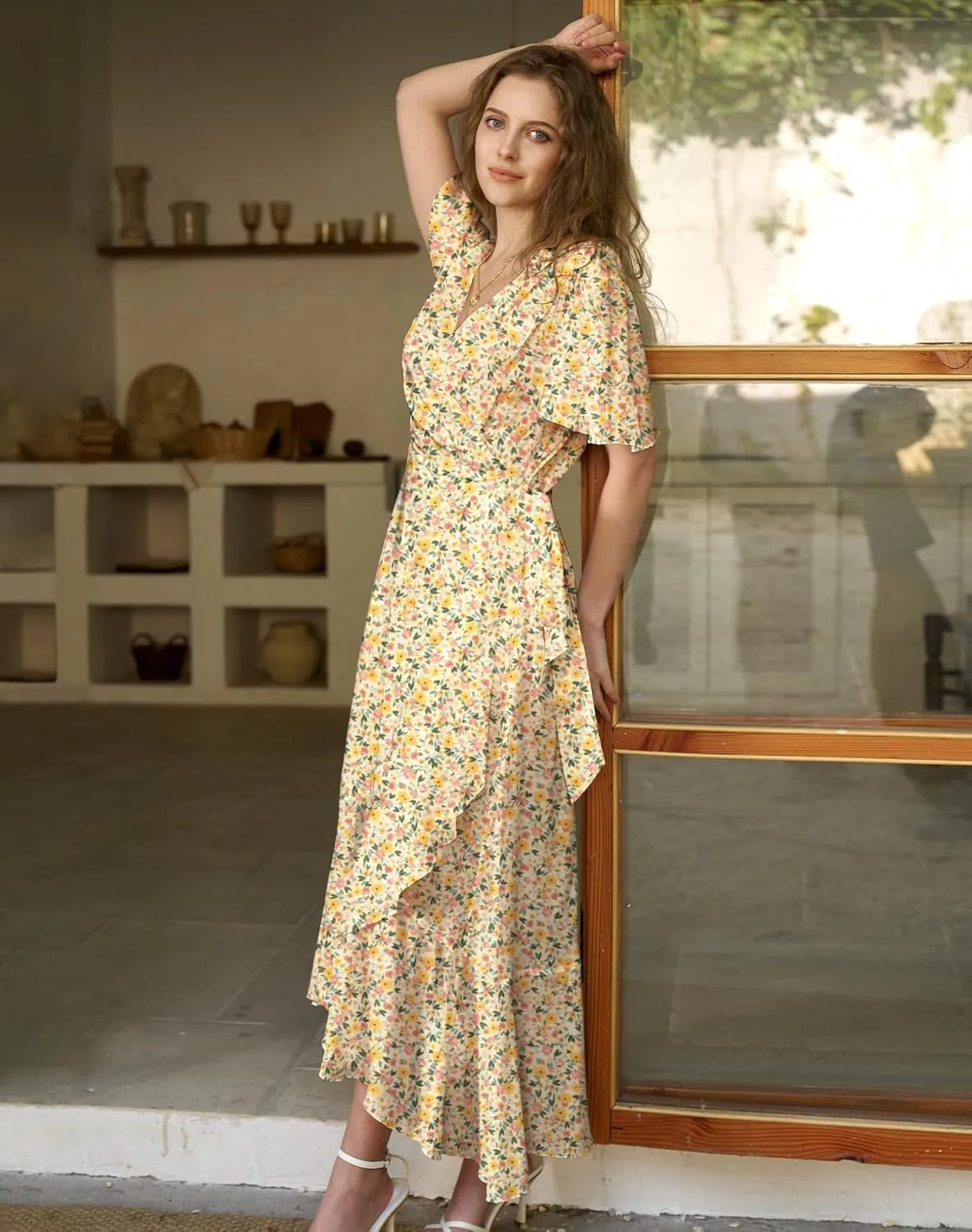 Women's Bohemian Floral Wrap Maxi Dress 2025 Summer Split Short Sleeve Boho Belted Flowy Dresses with Pockets