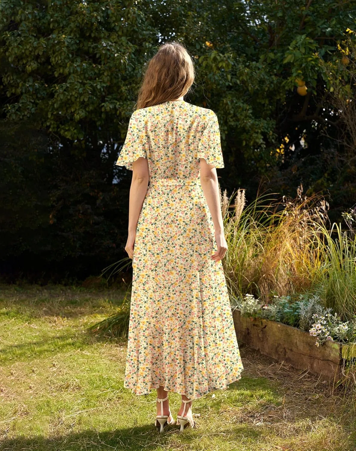 Women's Bohemian Floral Wrap Maxi Dress 2025 Summer Split Short Sleeve Boho Belted Flowy Dresses with Pockets