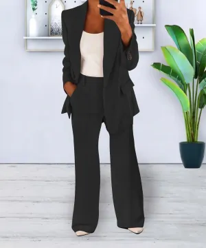 Women's Casual 2 Piece Blazer Jackets Set Loose Long Work Blazer and Dressy Wide Leg Pant Suits with Pockets