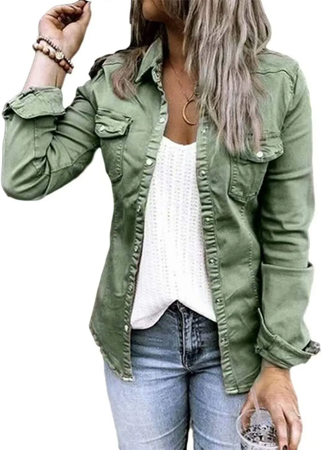 Womens Casual Long Sleeve Button Down Blouse Shirt Slim Solid Denim Jacket Tops