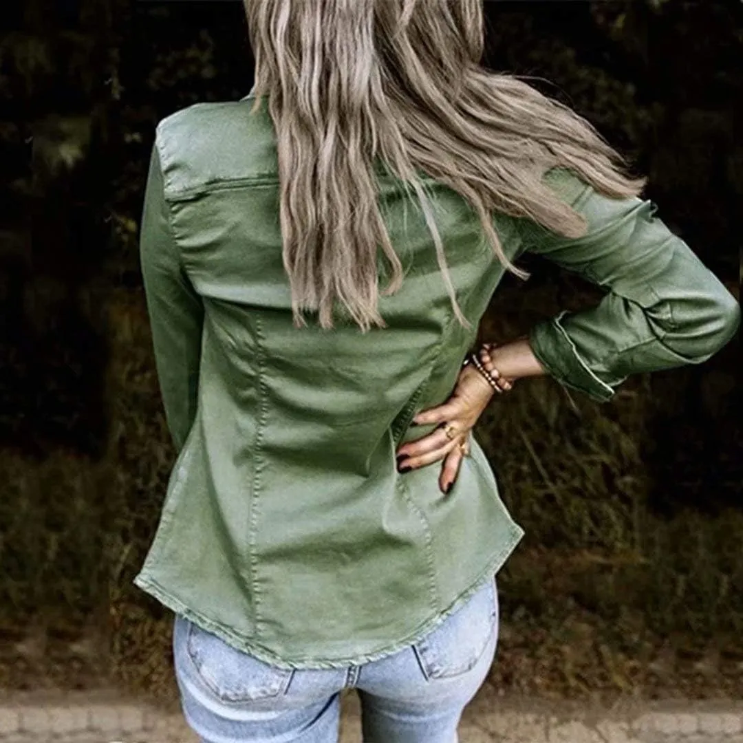 Womens Casual Long Sleeve Button Down Blouse Shirt Slim Solid Denim Jacket Tops