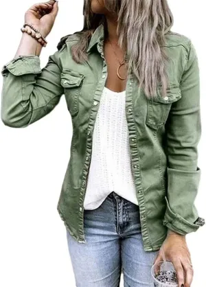 Womens Casual Long Sleeve Button Down Blouse Shirt Slim Solid Denim Jacket Tops