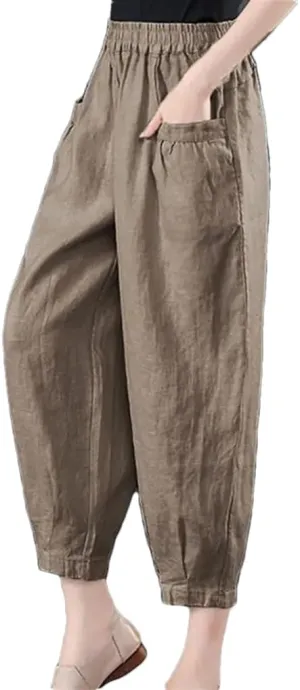 Women's Cotton and Linen Casual Pants Loose Solid Color High Waist Pocket Harem Pants