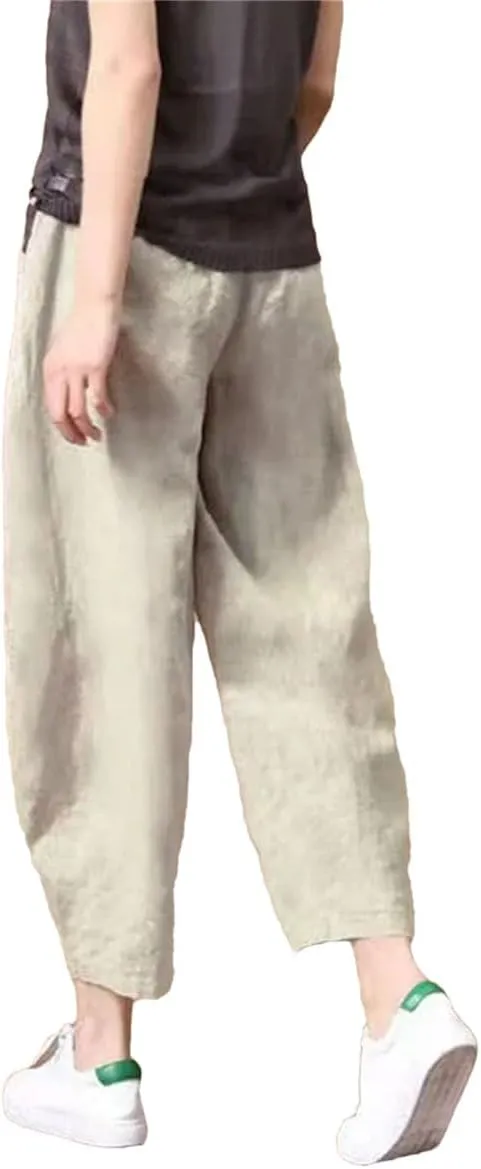 Womens Cotton Linen Harem Pants Vintage High Waist Elastic Ankle-Length Pants Loose Casual Beach Trousers