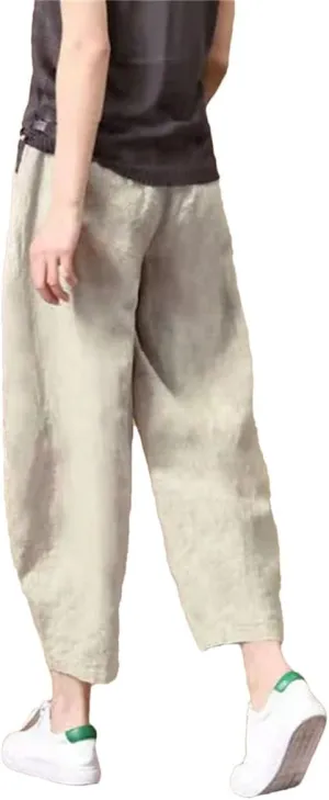 Womens Cotton Linen Harem Pants Vintage High Waist Elastic Ankle-Length Pants Loose Casual Beach Trousers