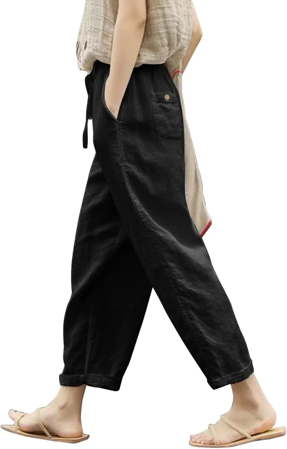 Womens Cotton Linen Pants Summer Casual Elastic High Waist Wide Leg Beach Capris Plus Size Cropped Trousers Pockets