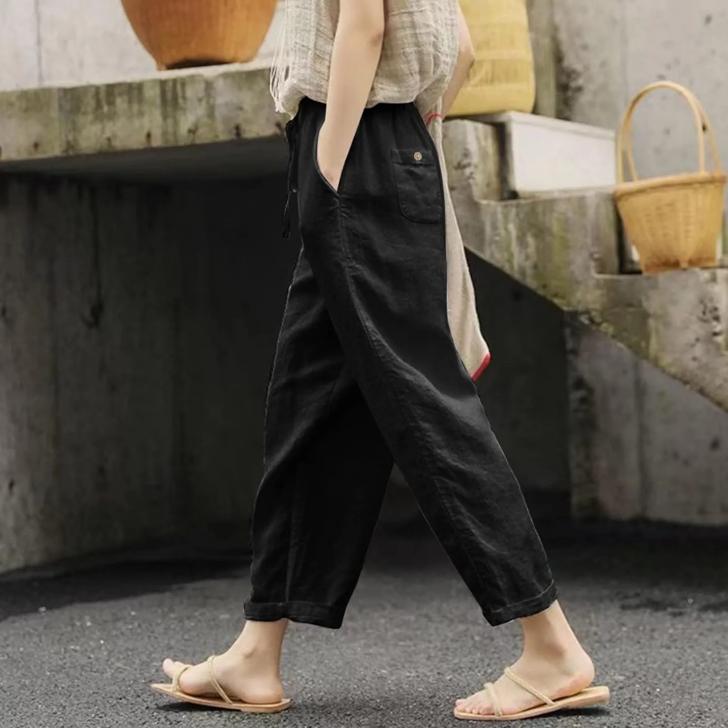 Womens Cotton Linen Pants Summer Casual Elastic High Waist Wide Leg Beach Capris Plus Size Cropped Trousers Pockets