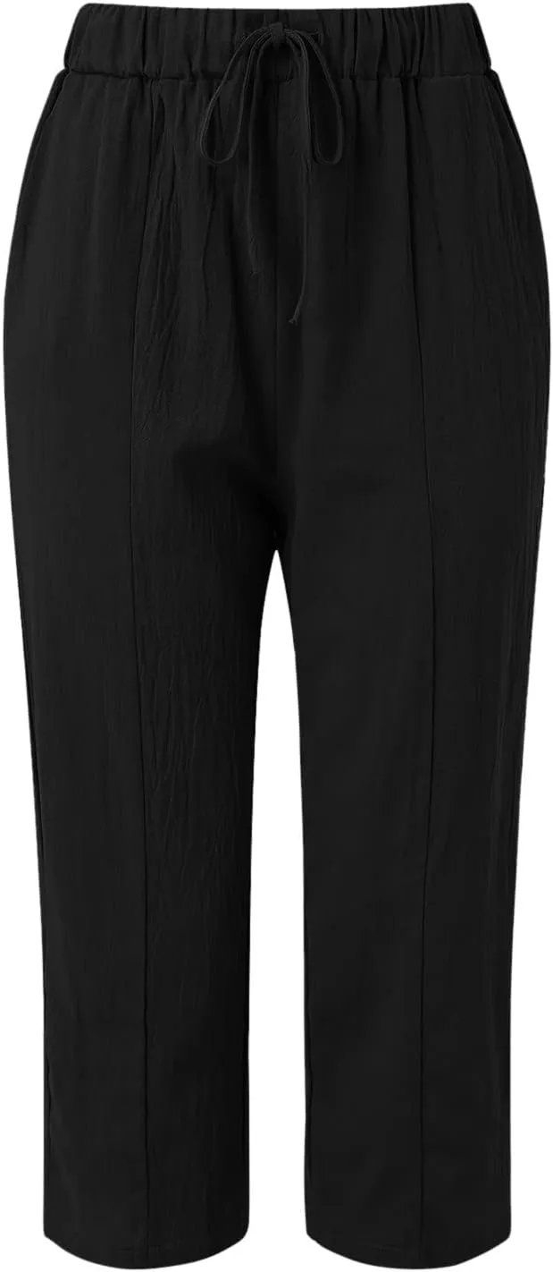 Womens Cotton Linen Pants Summer Casual Elastic High Waist Wide Leg Beach Capris Plus Size Cropped Trousers Pockets