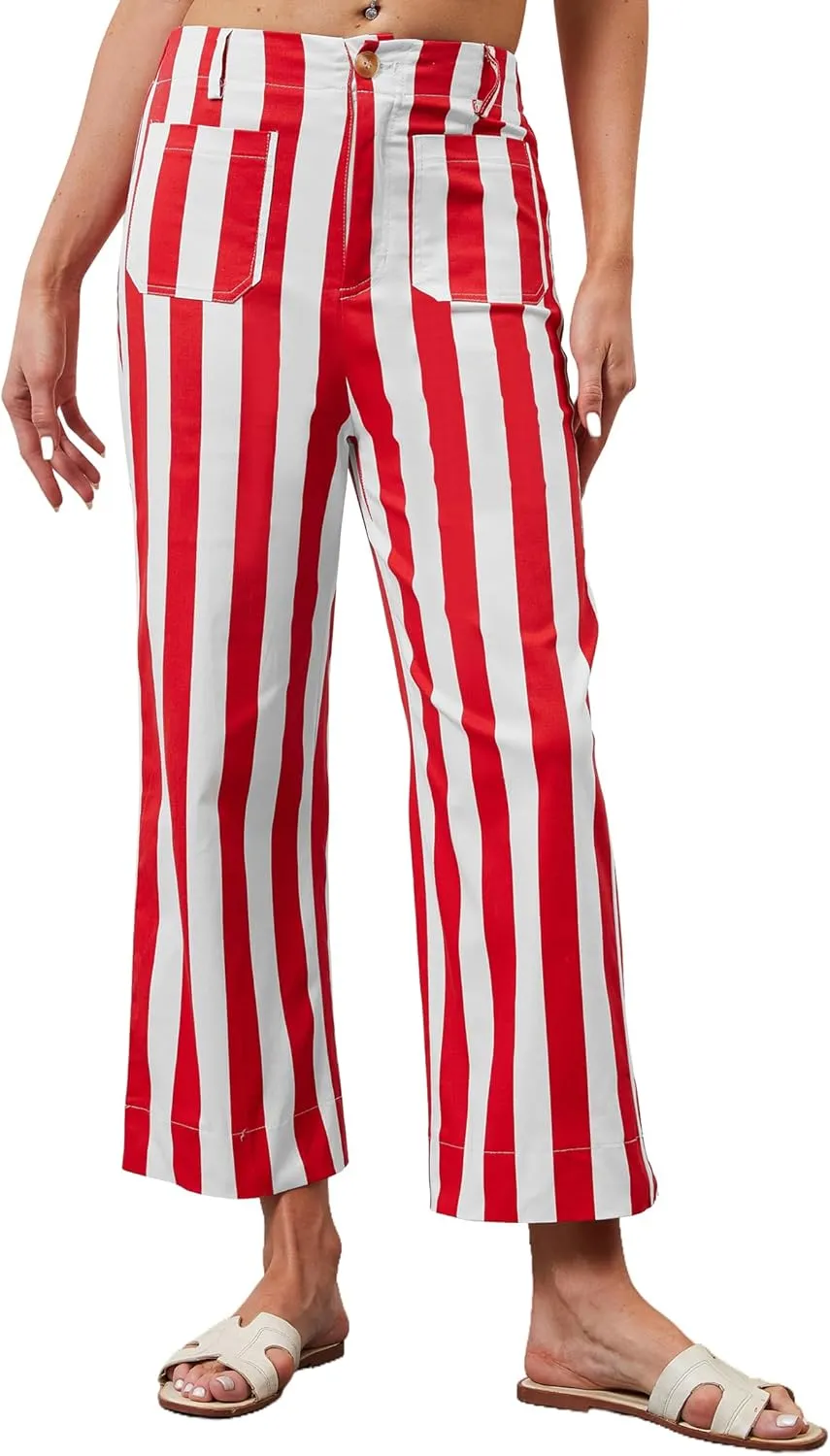 Womens Cropped Striped Jeans High Waisted Strechy Wide Leg Capri Jeans Straight Flare Ankle Denim Pants with Pockets
