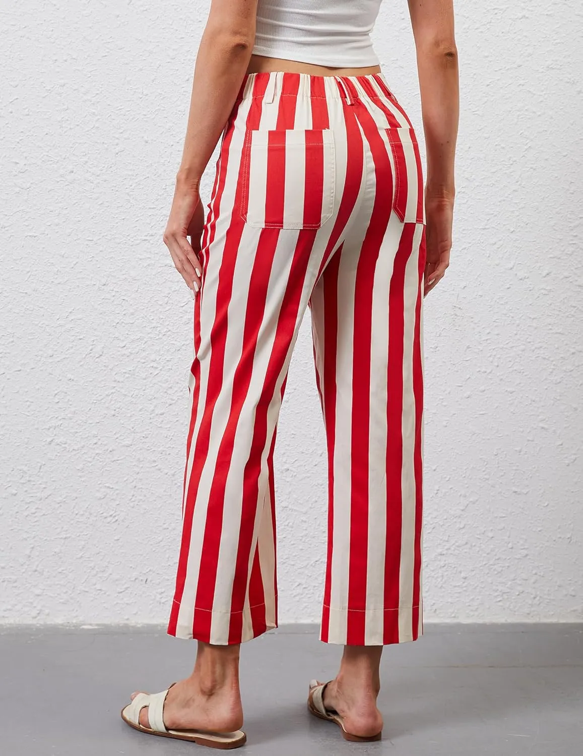 Womens Cropped Striped Jeans High Waisted Strechy Wide Leg Capri Jeans Straight Flare Ankle Denim Pants with Pockets