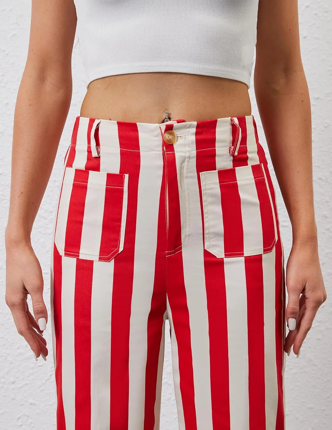 Womens Cropped Striped Jeans High Waisted Strechy Wide Leg Capri Jeans Straight Flare Ankle Denim Pants with Pockets