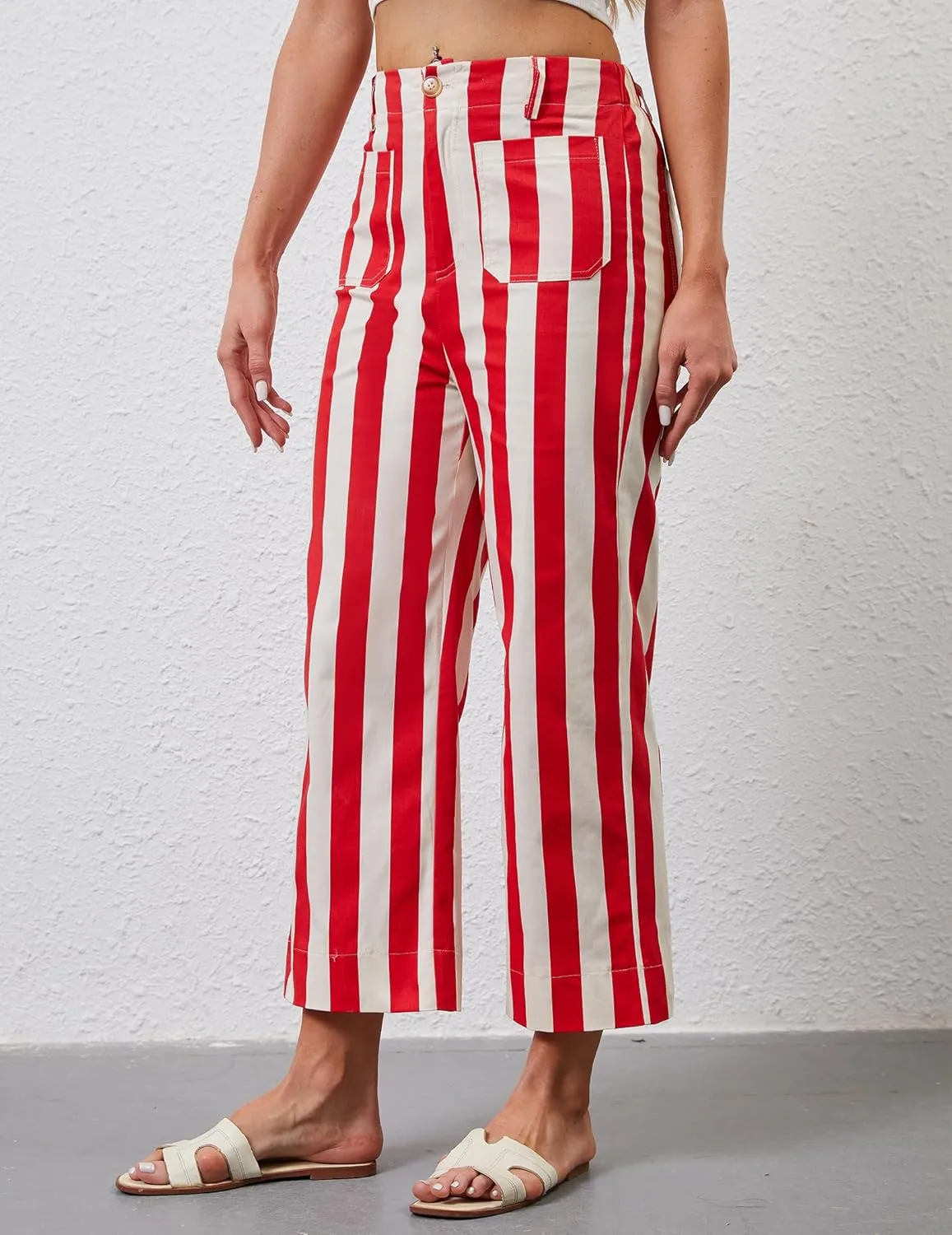 Womens Cropped Striped Jeans High Waisted Strechy Wide Leg Capri Jeans Straight Flare Ankle Denim Pants with Pockets