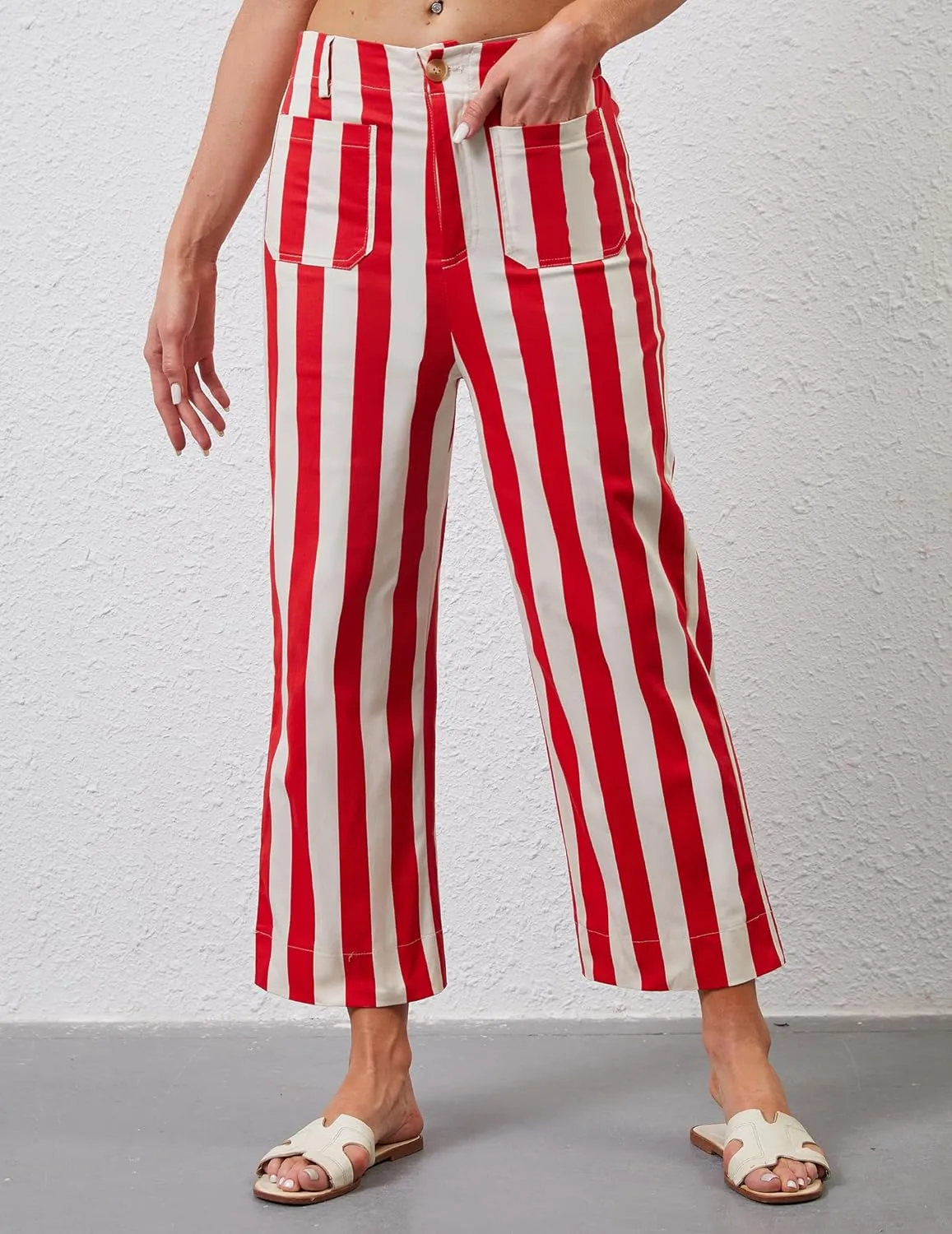 Womens Cropped Striped Jeans High Waisted Strechy Wide Leg Capri Jeans Straight Flare Ankle Denim Pants with Pockets