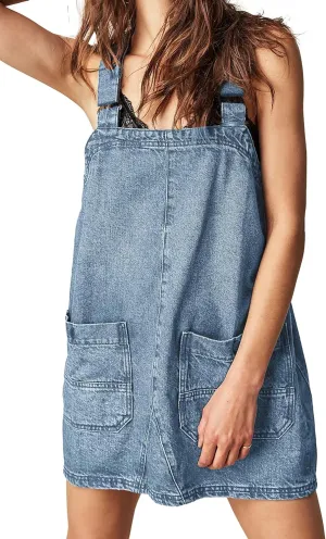 Womens Denim Overalls Dress Casual Summer Loose Bib Rompers Jumpers Adjustable Straps Jean Overall Dress