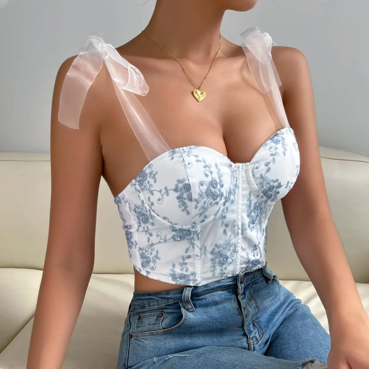 Women's Floral Lace Cami Crop Top Spaghetti Strap Sheer Mesh Corset Bustier Tops Bralette