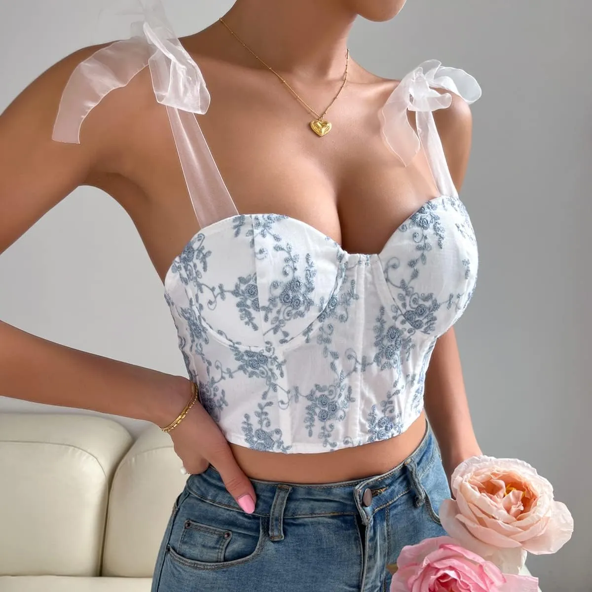 Women's Floral Lace Cami Crop Top Spaghetti Strap Sheer Mesh Corset Bustier Tops Bralette