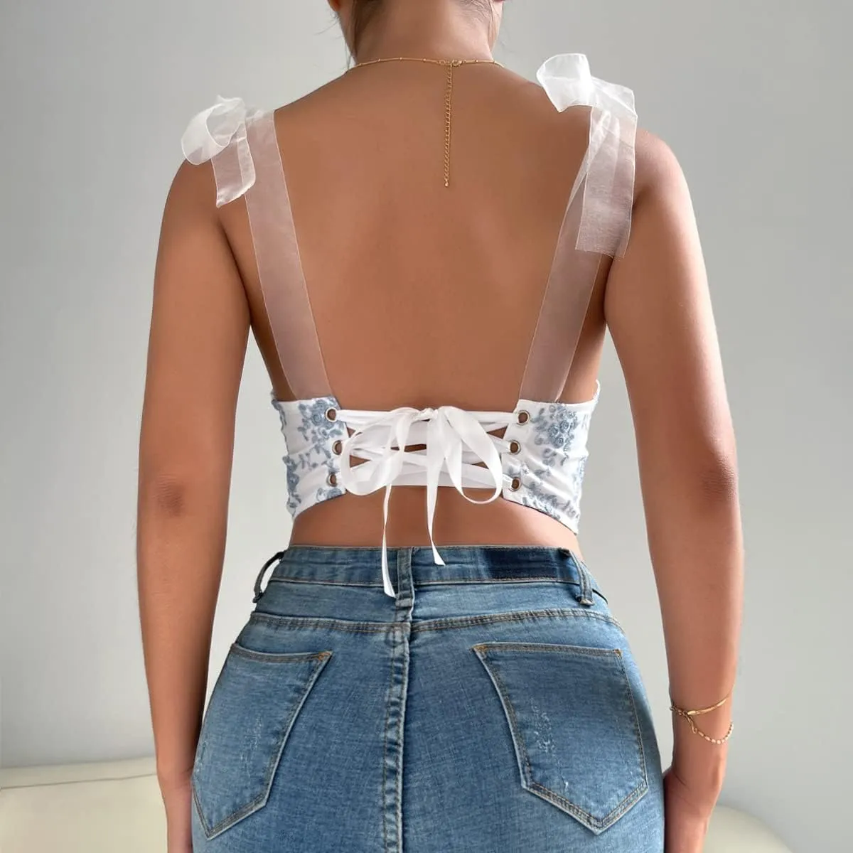 Women's Floral Lace Cami Crop Top Spaghetti Strap Sheer Mesh Corset Bustier Tops Bralette