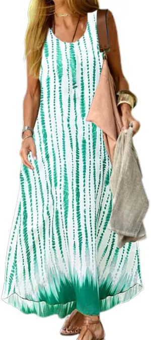 Womens Flowy Cotton Linen Boho Floral Sleeveless Maxi Dresses Casual Loose Summer Vacation Dress with Pockets