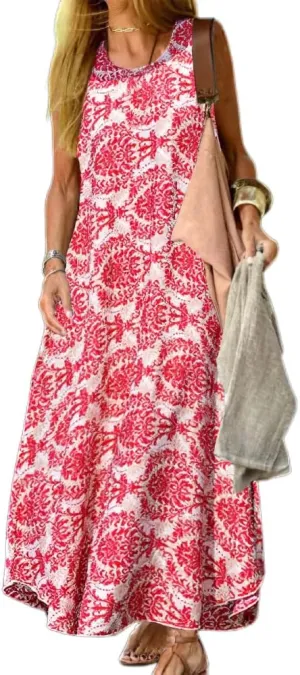 Womens Flowy Cotton Linen Boho Floral Sleeveless Maxi Dresses Casual Loose Summer Vacation Dress with Pockets