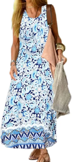 Womens Flowy Cotton Linen Boho Floral Sleeveless Maxi Dresses Casual Loose Summer Vacation Dress with Pockets