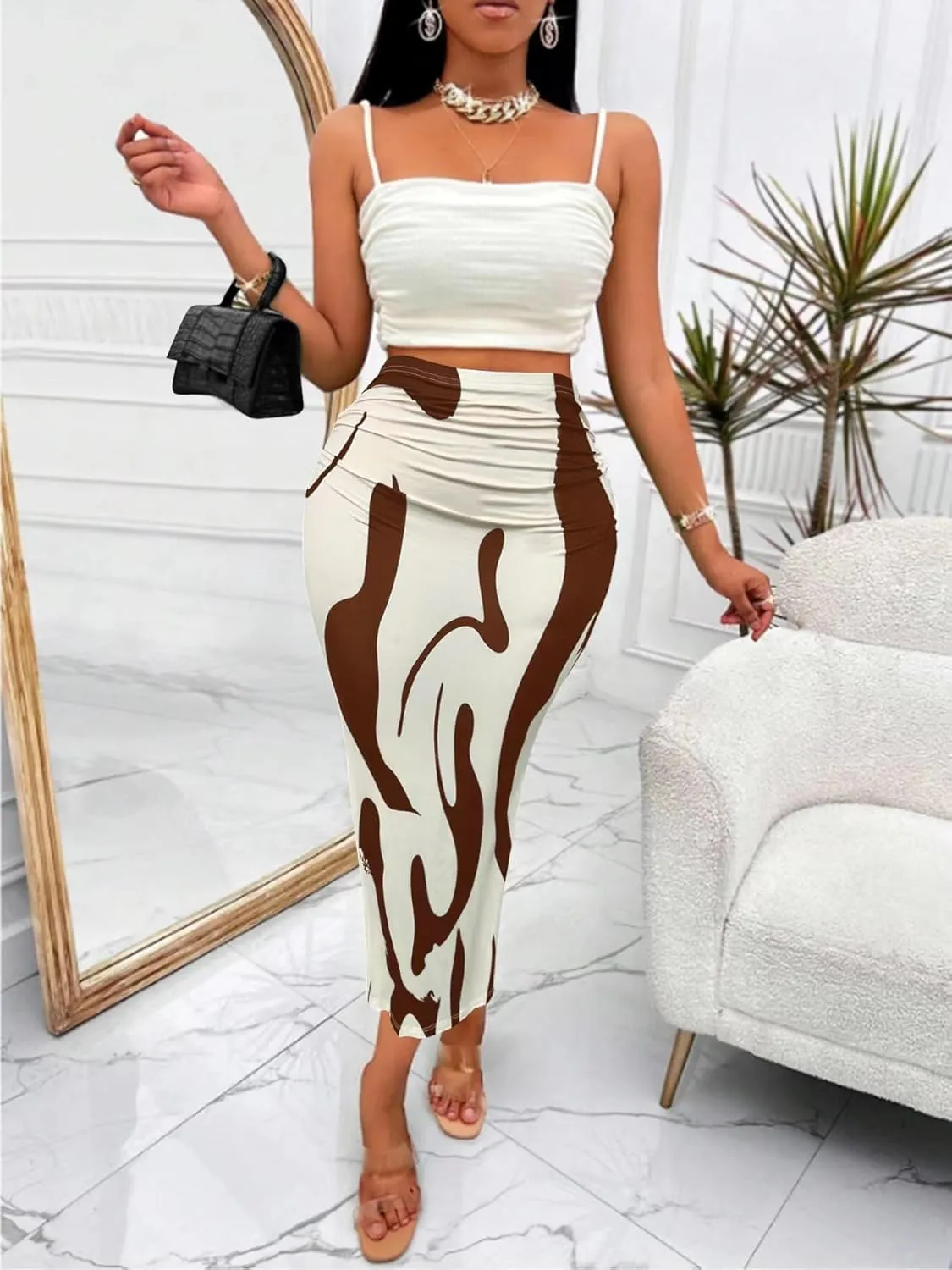 Women's Graphic Print Maxi Skirt Ruched High Waist Long Fishtail Skirt Fashion Bodycon Pencil Skirt
