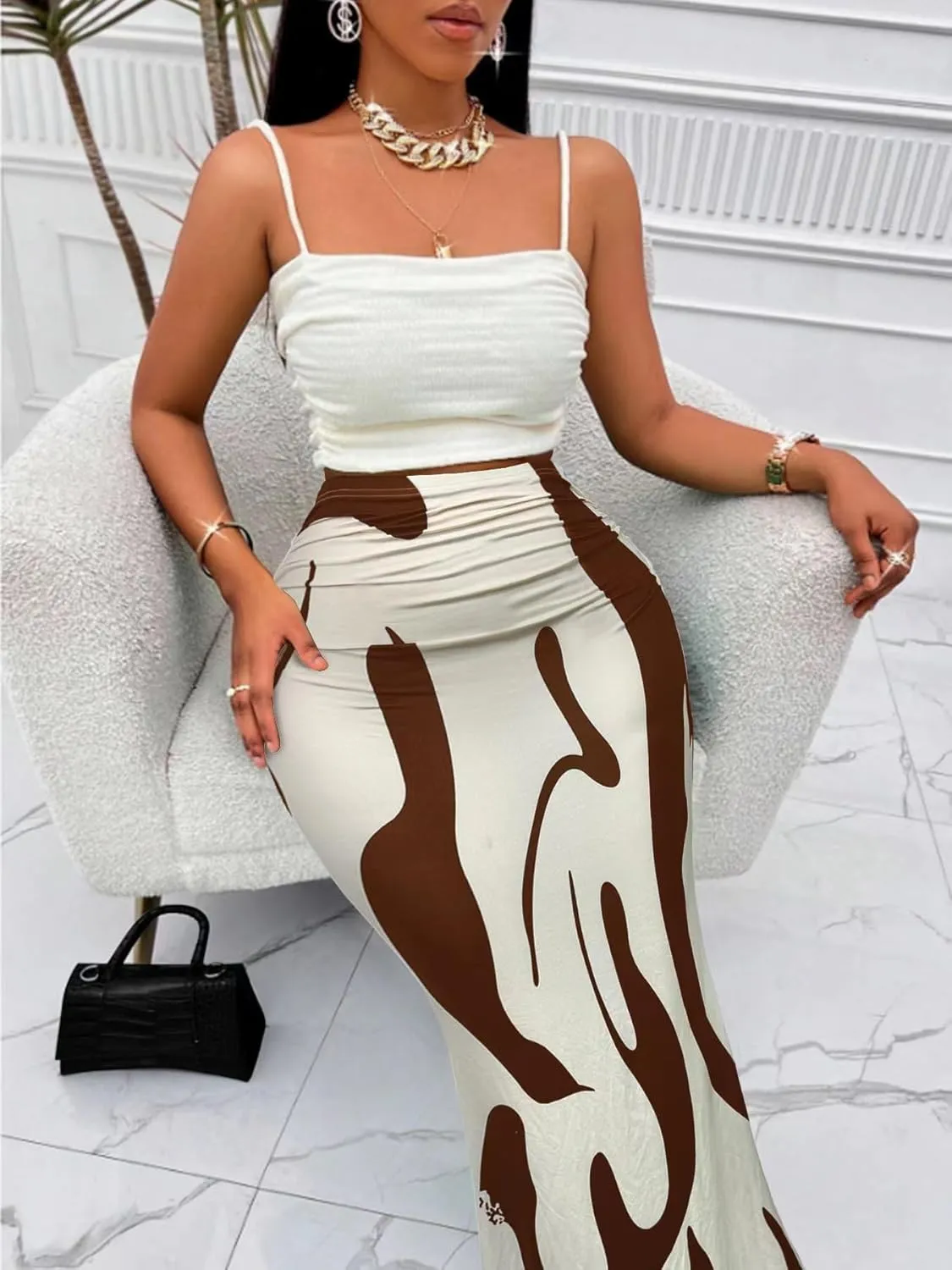 Women's Graphic Print Maxi Skirt Ruched High Waist Long Fishtail Skirt Fashion Bodycon Pencil Skirt