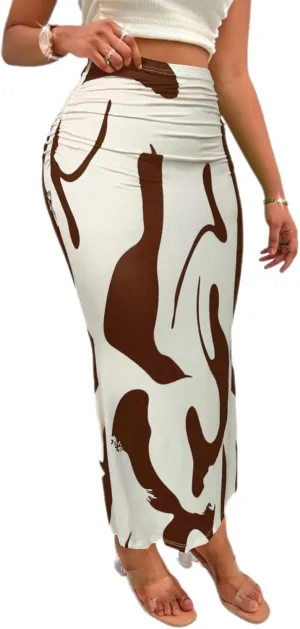 Women's Graphic Print Maxi Skirt Ruched High Waist Long Fishtail Skirt Fashion Bodycon Pencil Skirt