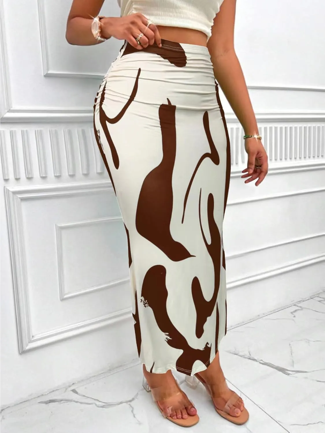 Women's Graphic Print Maxi Skirt Ruched High Waist Long Fishtail Skirt Fashion Bodycon Pencil Skirt