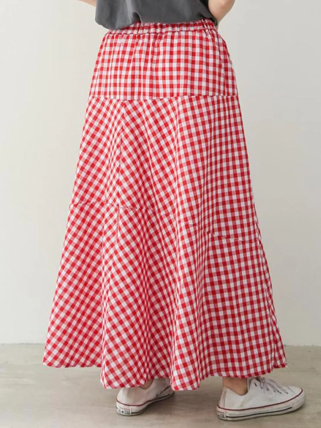 Women's High Waist Plaid Gingham Skirt Casual Cotton Tiered Swing A Line Maxi Skirt