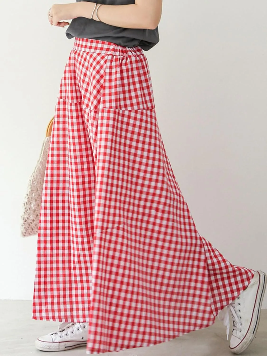 Women's High Waist Plaid Gingham Skirt Casual Cotton Tiered Swing A Line Maxi Skirt