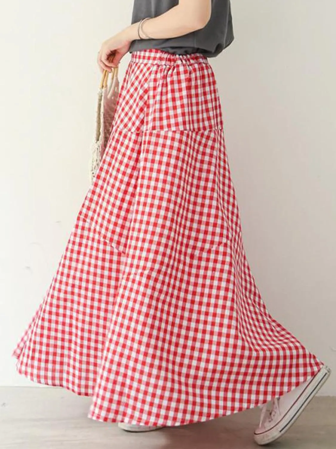 Women's High Waist Plaid Gingham Skirt Casual Cotton Tiered Swing A Line Maxi Skirt