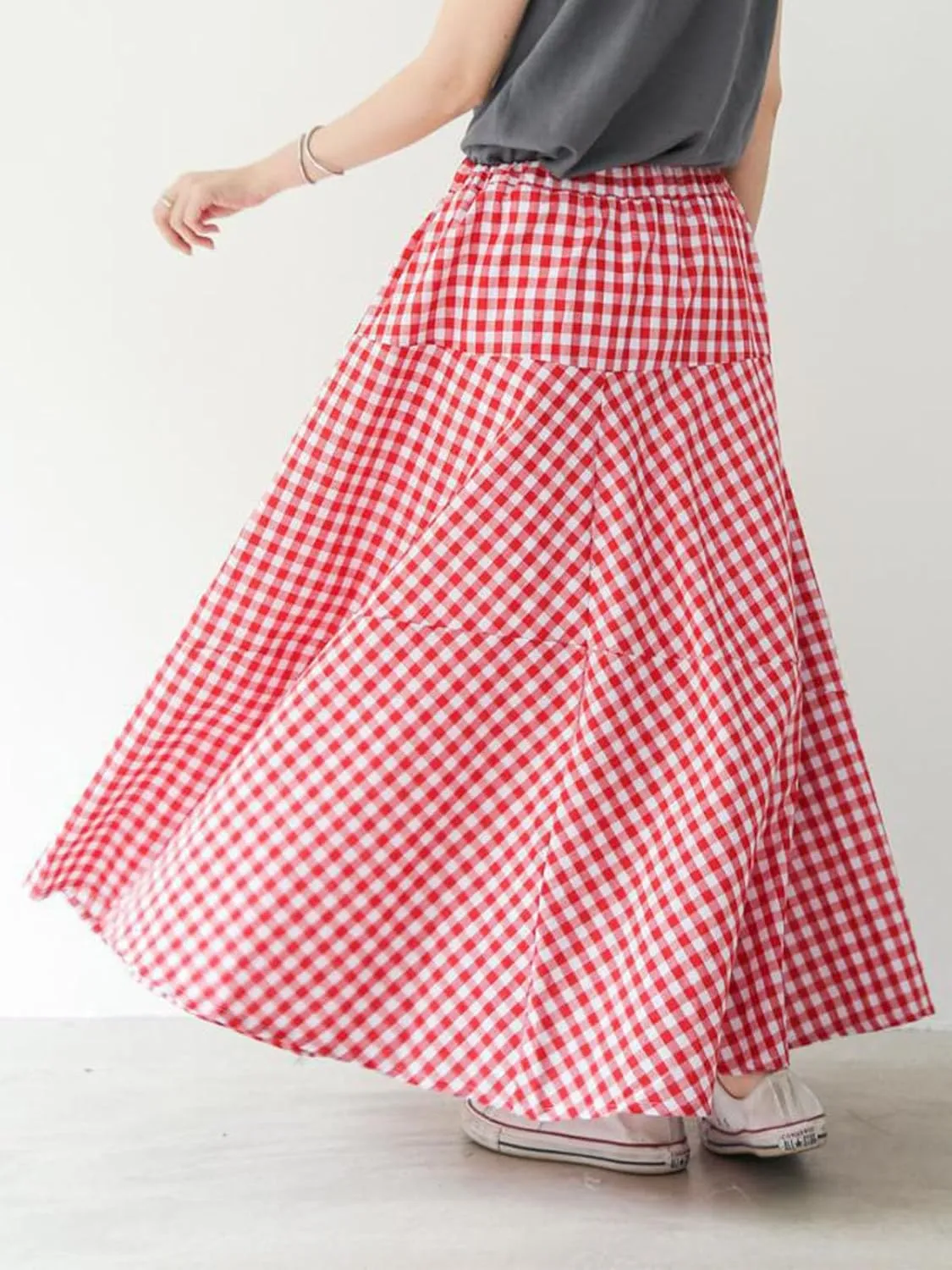 Women's High Waist Plaid Gingham Skirt Casual Cotton Tiered Swing A Line Maxi Skirt