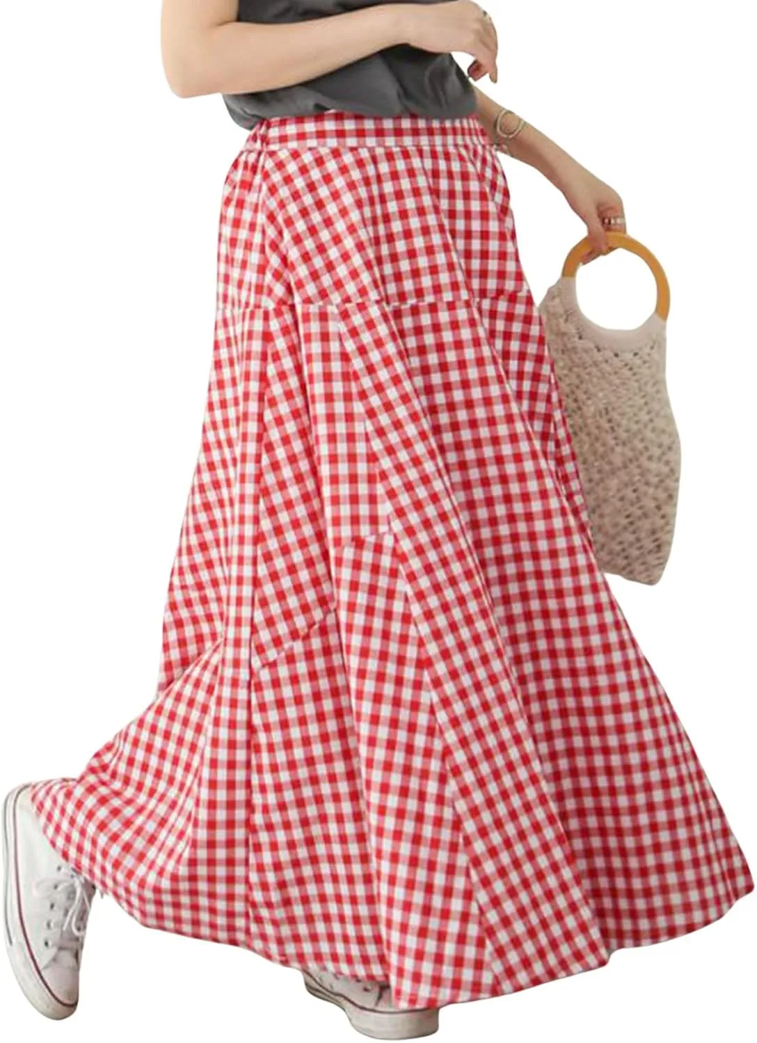 Women's High Waist Plaid Gingham Skirt Casual Cotton Tiered Swing A Line Maxi Skirt