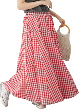 Women's High Waist Plaid Gingham Skirt Casual Cotton Tiered Swing A Line Maxi Skirt