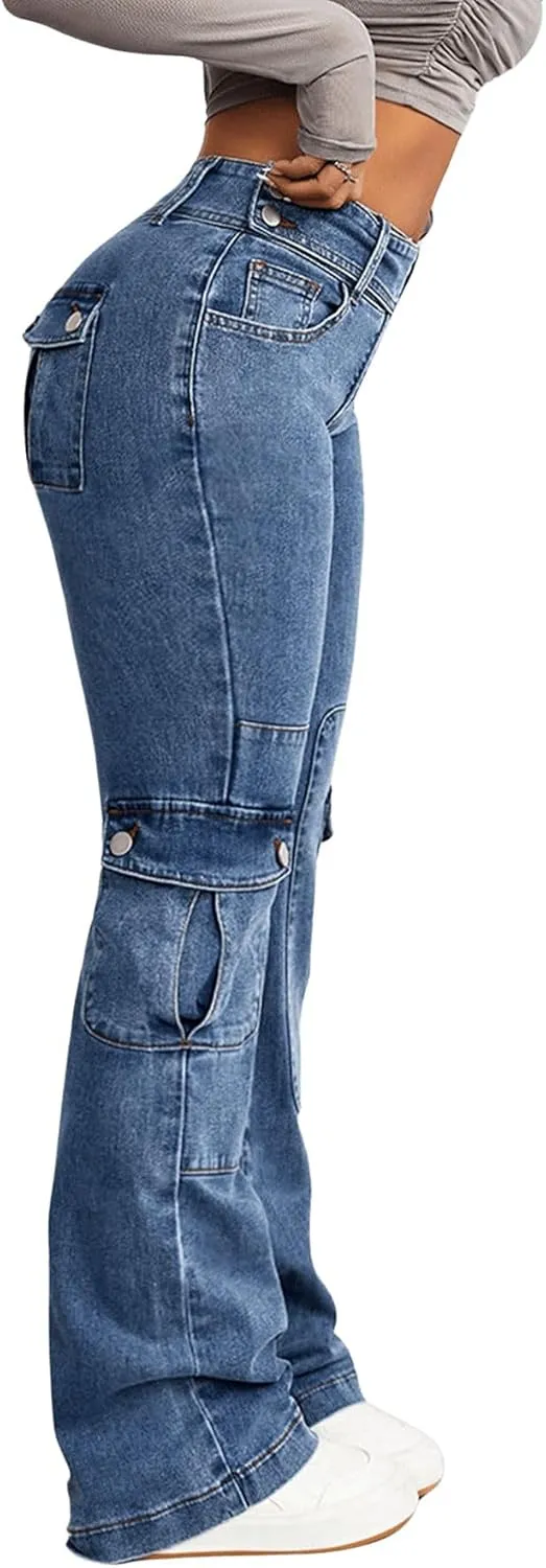 Women's High Waist Zipper Cargo Pants Casual Skinny Jeans Pants Trousers Flare Leg Denim Pants with Pocket