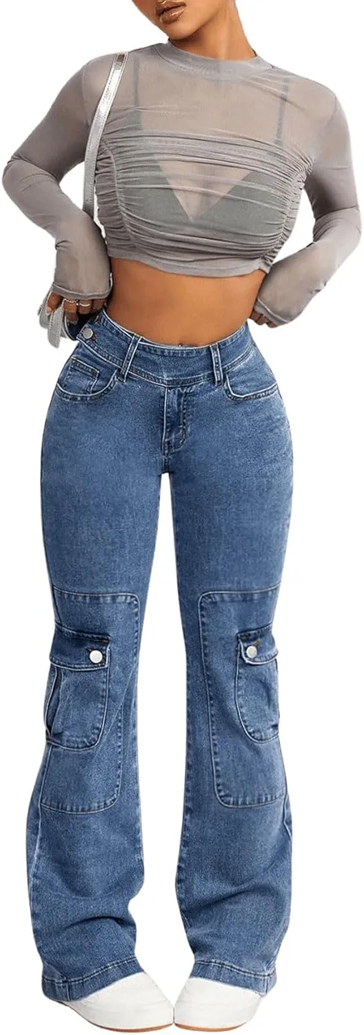 Women's High Waist Zipper Cargo Pants Casual Skinny Jeans Pants Trousers Flare Leg Denim Pants with Pocket
