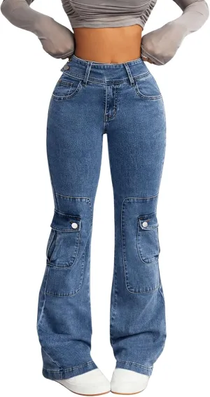 Women's High Waist Zipper Cargo Pants Casual Skinny Jeans Pants Trousers Flare Leg Denim Pants with Pocket