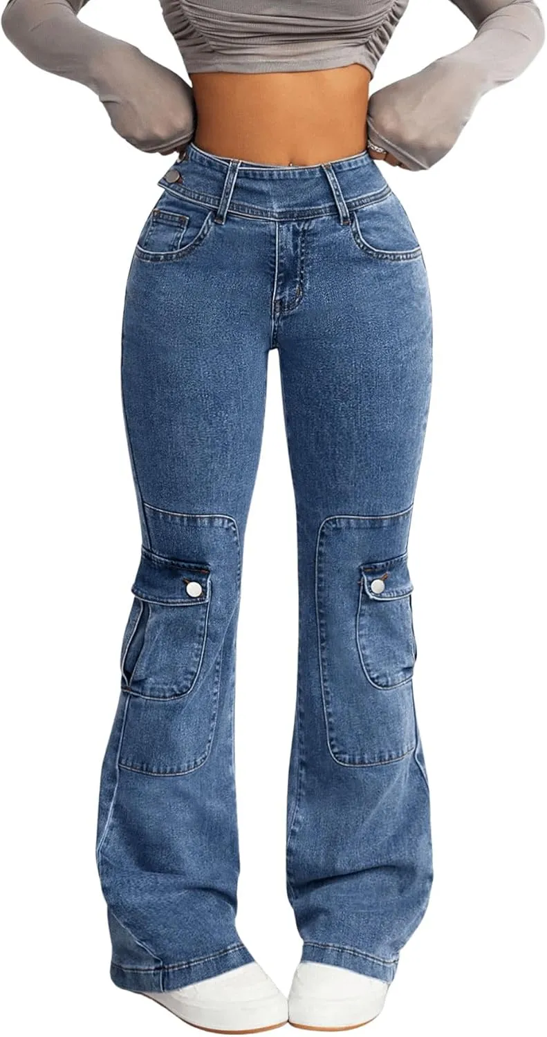 Women's High Waist Zipper Cargo Pants Casual Skinny Jeans Pants Trousers Flare Leg Denim Pants with Pocket